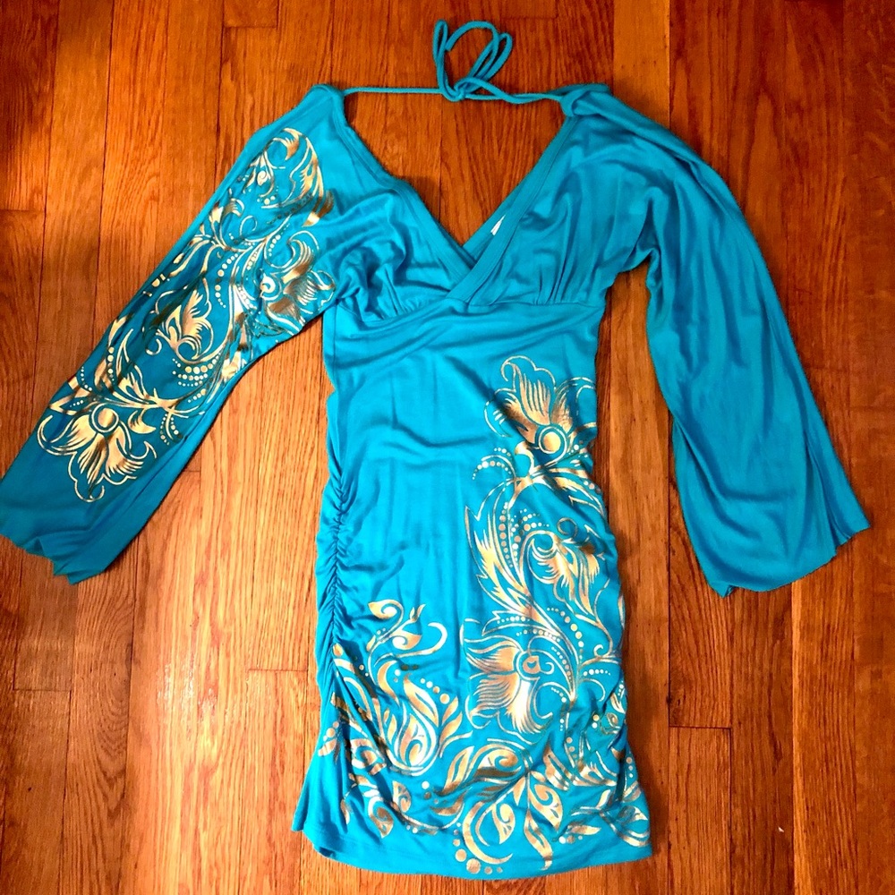 Turquoise Mini Dress With Gold Design